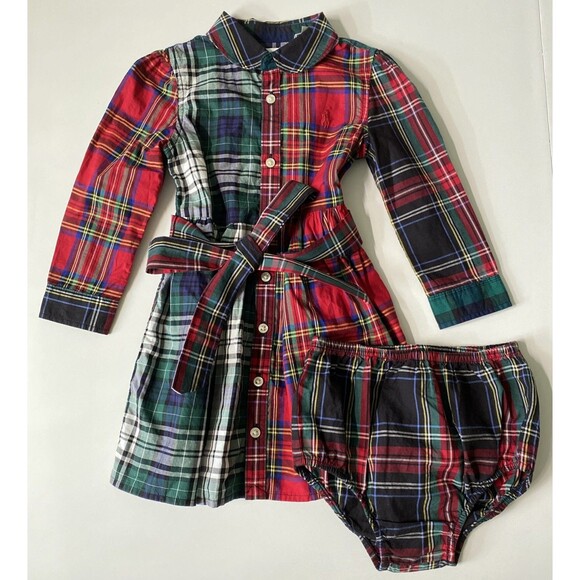 Ralph Lauren 18 Months Baby Girl Fun Shirtdress Dress Bloomers Set Plaid Cotton